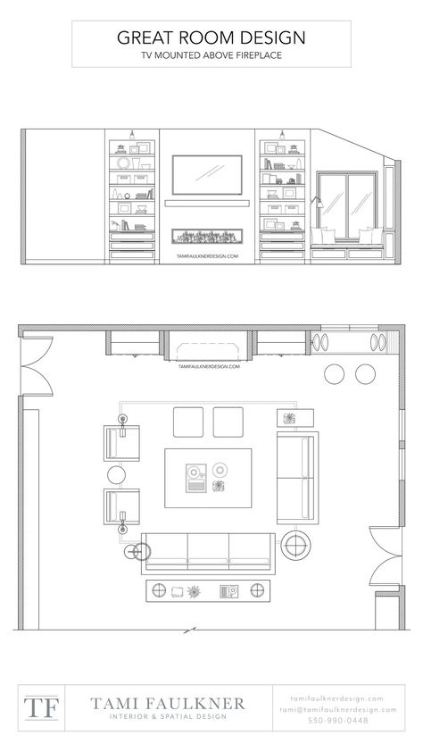 MOUNTING A TV ABOVE A FIREPLACE - YES OR NO? — Tami Faulkner Design Tv Room Floor Plan, Living Room Floor Plans With Fireplace, Plan Section Elevation Drawings Of House, Living Room Plan And Elevation, Home Interior Layout Plan, Great Room Dimensions, Living Room Plans Layout, Interior Design Autocad, Study Room Floor Plan