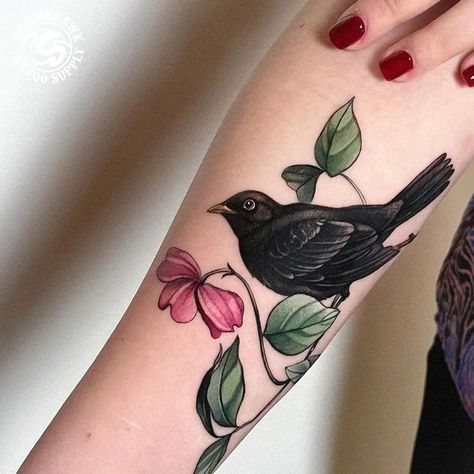 Done by Dragonhawk Machine Bird Coverup Tattoo, Colored Bird Tattoos, Nanas Tattoo, Blackbirds Tattoo, Crow Tattoos For Women, Tattoo Coverup Ideas, Vanessa Core, Blackbird Tattoo, Core Tattoo