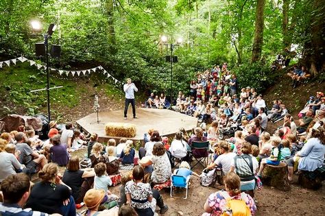 Comedian and author James Campbell in the Woodland Theatre at the Just So Festival at Rode Hall Park near Leek, Staffordshire, in August 2015. Leek Staffordshire, Sustainable Festival, Outdoor Theatre, Kids Festival, Cool Playgrounds, Uk Festivals, James Campbell, Lecture Theatre, Outdoor Stage