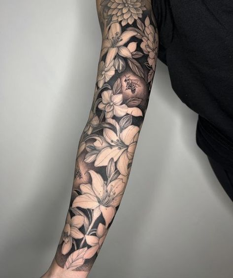 Floral Gap Filler Tattoo, Flower Sleeve Filler, Floral Tattoo Sleeve Men, Mens Flower Sleeve Tattoo, Flower Sleeve Tattoo Men, Floral Tattoo Design Men, Floral Tattoo Design Sleeve, Garden Tattoo Sleeve, Flower Tattoo Sleeve Men