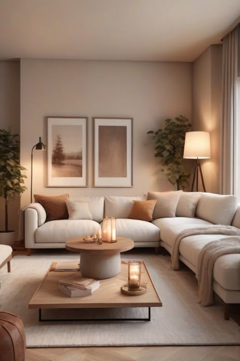 Modern Chill Living Room, Tan Living Room Ideas Neutral Walls, Light And Neutral Living Room, Light Brown Home Decor, Living Room Themes Apartment Cozy, Sand Coloured Living Room, White And Brown Wood Living Room, Small Cozy Sitting Room, Cozy Living Rooms Beige