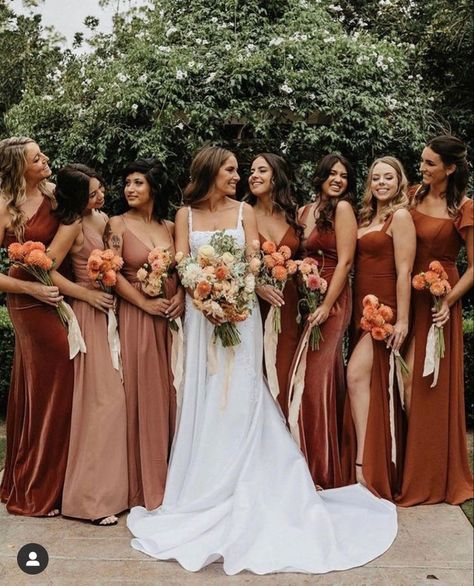 Dusty Terracotta Wedding, Rosewood And Terracotta Wedding, Terracotta Color Bridesmaid Dresses, Terricata Bridesmaid Dresses, Rust Burnt Orange Wedding, Fall Wedding Party Dresses, Rust Color Bridemaids, Fall Bridesmaid Dresses Terracotta, Marriage Officiant Outfit