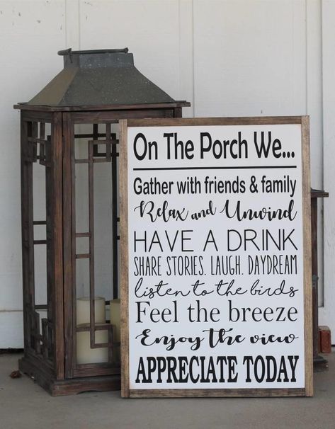 Small Wooden Porch, Railing Wood, Wood Signs Diy, Screened Deck, Pallet Porch, Porch Rules Sign, Modern Farmhouse Porch, Project Furniture, Rustic Front Porch