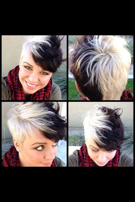 Nothing but pixie cuts Black And White Short Hair, White Short Hair, Pixie Hair Color, Split Dyed Hair, Blonde Hairstyles, Short Sassy Hair, Split Hair, Corte Pixie, Sassy Hair