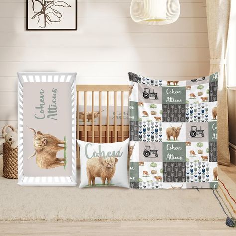 PRICES MAY VARY. ✨Personalized Comfort for Your Nursery - Our 3-piece baby crib bedding set features a unique highland cow theme that can be customized with your baby boy's name, creating a personal touch to their nursery and a memorable keepsake. 🛏️All-in-One Nursery Solution - [Product Include: Baby Blanket x1, Standard Crib Fitted Sheet x1, Pillowcase x1] This crib bedding set provides everything you need to create a cozy, stylish sleeping environment for your newborn boys or girls. ❤️Premiu Highland Cow Nursery Theme, Cow Themed Nursery, Farmhouse Nursery Ideas, Newborn Bedroom, Highland Cow Nursery, Highland Cow Baby, Cow Nursery, Country Pillows, Boy Nursery Themes