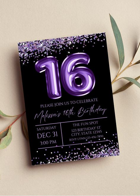 Sweet 16 Invitations Purple, Sweet 16 Purple, Purple Birthday Invitations, Invitation Sweet 16, Purple Sweet 16, Sweet 16 Party Decorations, Sweet Sixteen Birthday Party Ideas, Sweet 16 Themes, 16 Balloons