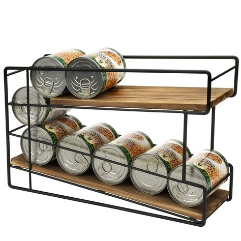 PRICES MAY VARY. Rustic burnt brown wood and black metal wire tabletop can dispenser rack great for keeping canned good easily accessible in your home kitchen or pantry Perfect for storing canned food or pet food; cans can be easily inserted through the top, which roll down the ramp and can be collected at the bottom of the dispenser rack **Cans not included** Holds up to 10 cans; takes up minimal space on table and counter top surfaces while providing stylish vertical storage Combination of bur Canned Food Dispenser, Pantry Can Organization, Can Dispenser, Canned Food Storage, Pantry Organizers, Countertop Surfaces, Food Dispenser, Can Storage, Can Organizer