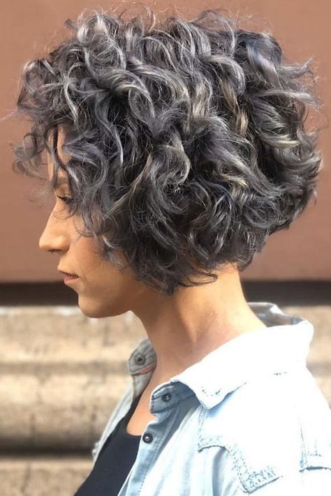 Womens Curly Bob Hairstyles, Curly Hair Wedge Haircut, Short Gray Hairstyles Over 60 Curly, Curly Hair Bobs Angled, Gray Curly Bob Hairstyles, Short Curly Hairstyles Older Women, Hairstyles 2023 Trends Short Curly, Grey Curly Short Hair, Short Top Long Bottom Hair