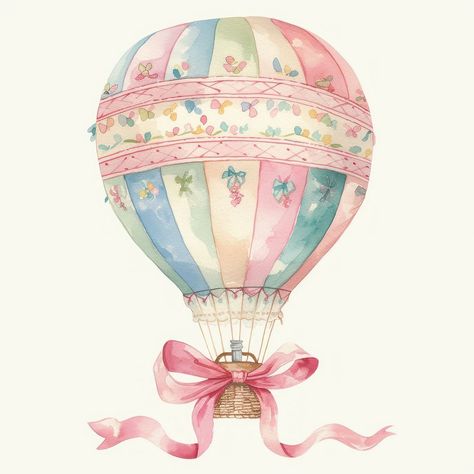 Coquette Watercolor, Watercolor Hot Air Balloon, Hot Air Balloon Art, Air Balloon Art, Whimsical Watercolor, Vintage Hot Air Balloon, Girl Stuff, Download Free Images, Hot Air Balloon