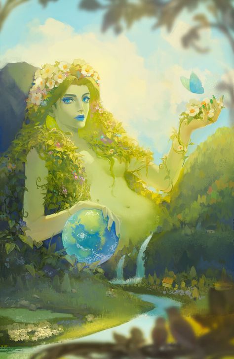 Mother Nature Goddess, Greek Monsters, Gaia Goddess, Greek Goddess Art, Mother Earth Art, Nature Goddess, Earth Goddess, Greek Mythology Art, Earth Art