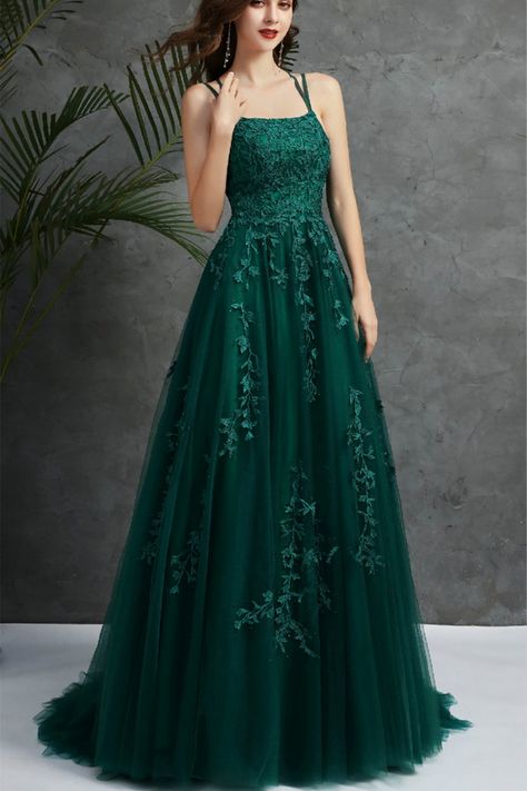 Open Back Dark Green Tulle Lace Long Evening Dress, Dark Green Lace Formal Dresses Dark Green Evening Dress, Prom Dress Dark Green, Prom Dress Dark, Green Evening Gowns, Lace Long Prom Dress, Green Evening Dress, Prom Dresses Long Lace, Green Tulle, Simple Prom Dress