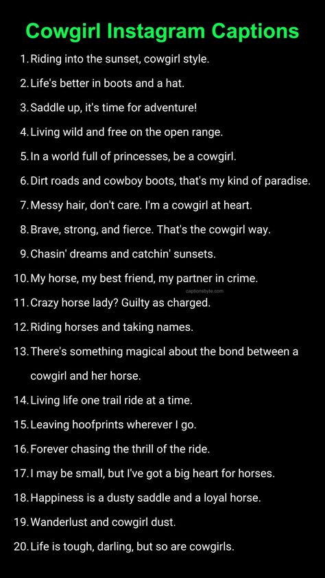 Cowgirl Captions for Pictures Western Insta Captions, Rodeo Quotes, Cowgirl Quote, Western Quotes, One Word Instagram Captions, Cowgirl Quotes, Witty Instagram Captions, Instagram Captions For Selfies, Clever Captions For Instagram