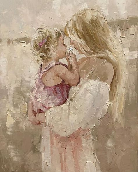 Painting With Different Mediums, Motherly Aesthetic, Inessa Morozova, Mom And Daughter Painting, Mother And Daughter Painting, Eating Aesthetic, Mother Painting, Art Mom, Easy Painting Ideas