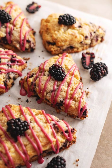 These blackberry scones are soft, fluffy, and not dry at all! They're easy to make with fresh or frozen blackberries and perfect to bake off in the morning to enjoy fresh scones for breakfast. #blackberry #scones #breakfast | teakandthyme.com Thyme Scones, Scones Breakfast, Blackberry Scones, Fluffiest Cinnamon Rolls, Blackberry Dessert, Berry Scones, Scone Mix, Cinnamon Roll Muffins, Blackberry Recipes