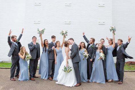 Blue And Gray Wedding, Gray Wedding Party, Dusty Blue Dress, Groom's Attire, Wedding Playlist, Gray Wedding, Blue Themed Wedding, Dusty Blue Weddings, Blue Bridal