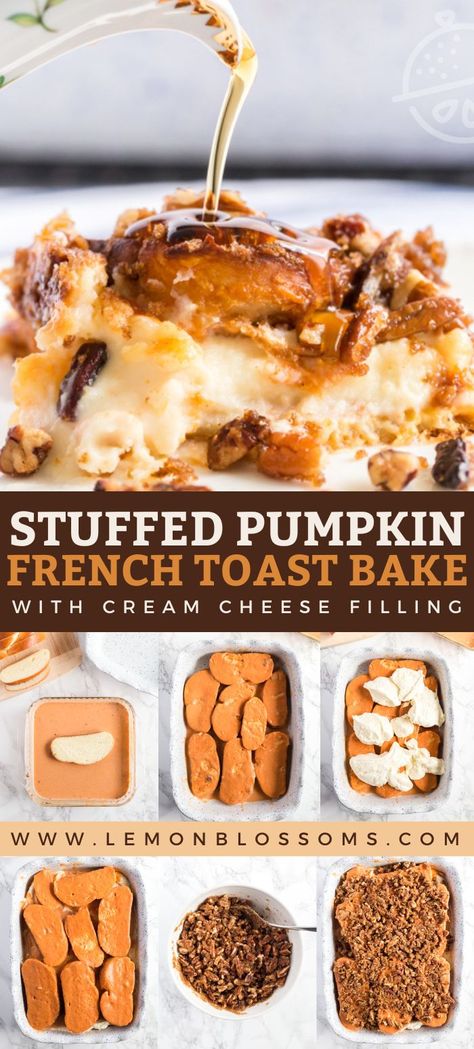 Pumpkin French Toast Bake with the most decadent sweet cream cheese filling then topped with a crunchy pecan-brown sugar topping and baked to golden perfection. This easy French Toast casserole is the best fall breakfast treat! Make it ahead and bake it in the morning for a hassle free breakfast or brunch! #breakfast #brunch #easy #recipe #casserole #Thanksgiving #holidays #pumpkin #fall Pumpkin Cheesecake French Toast Casserole, Baked Pumpkin Cream Cheese French Toast, Baked Pumpkin French Toast Casserole, Pumpkin French Toast Bake Overnight, Pumpkin Cheesecake French Toast, Stuffed Pumpkin French Toast, Thanksgiving French Toast, Pumpkin Brioche French Toast Casserole, Pumpkin Cream Cheese French Toast Bake