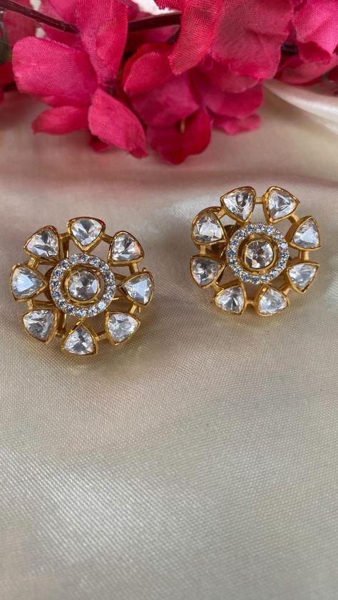 Moissanite Polki Earstuds From 'Jewels By Skuriti' • South India Jewels Cz Stone Necklace, Antique Gold Earrings, Polki Earrings, Traditional Diamond, Polki Jewellery, South India, Temple Jewellery, Gold Plated Earrings, Gold Jewelry Fashion