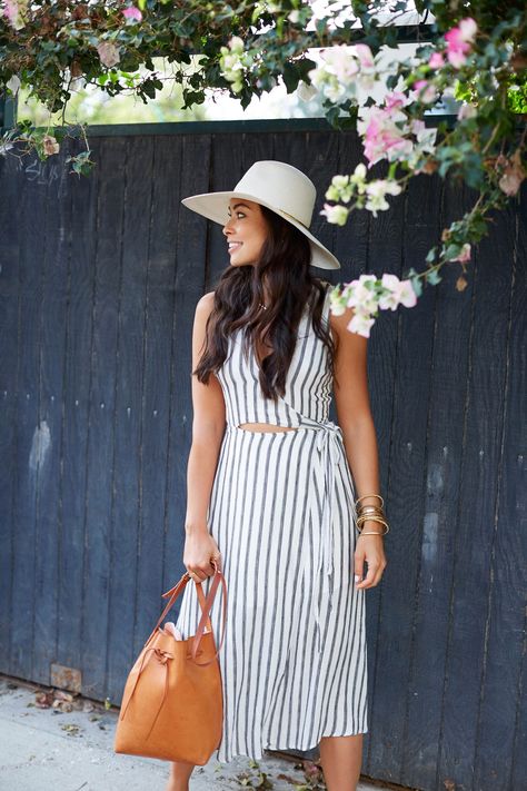 Janessa Leone Hat, Mansur Gavriel Bucket Bag, Janessa Leone, Astr The Label, Love Hat, Mansur Gavriel, Summer Chic, Stripe Dress, Luxury Dress