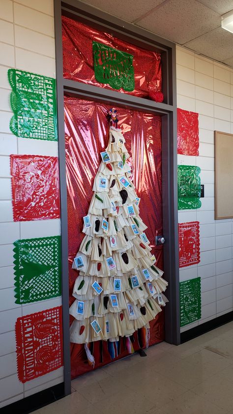 Feliz Navidad Door Decorations, Mexican Christmas Door Decorations, Feliz Navidad Classroom Door, Spanish Christmas Door Decorations, Christmas Tree Door Decorations, Christmas Office Door Decorating Contest, Mexican Christmas Tree, Classroom Holiday Party, Halloween Classroom Decorations