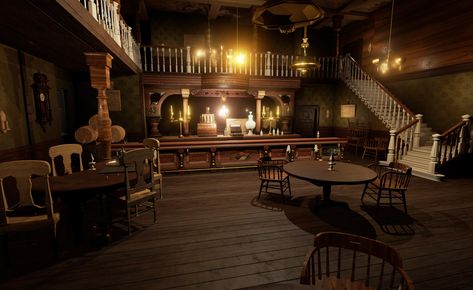 Tavern Inn Room, Western Saloon Concept Art, Saloon Aesthetic, Saloon Interiors, Country Couches, Wild West Saloon, Old West Saloon, Old Western Towns, Old West Town