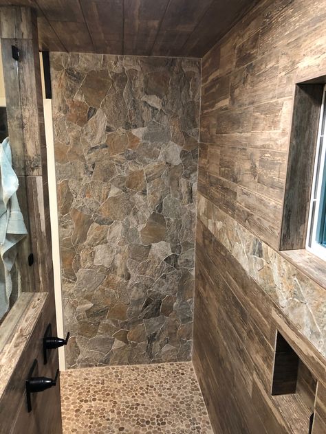 Wood Walk In Shower Ideas, Rustic Walk In Shower Ideas Stone, Faux Wood Shower Tile, Stone Walk In Shower Ideas, Wood Tile Shower Ideas, Stone Shower Ideas, Rustic Shower Tile, Rustic Walk In Shower Ideas, Bathroom Tile Shower Ideas