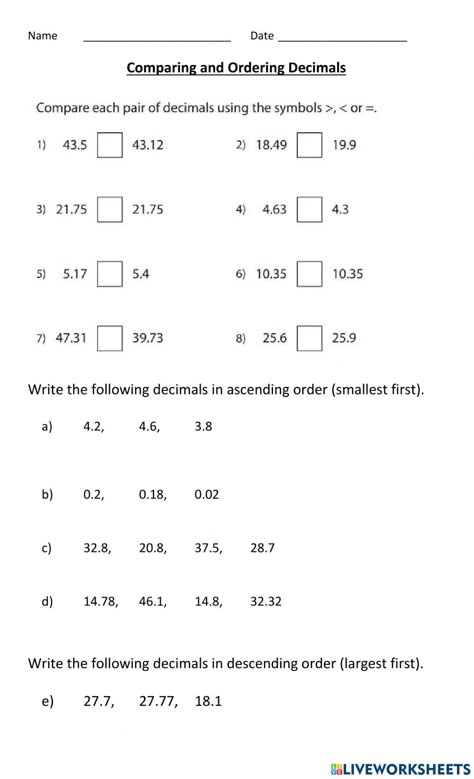 Decimal Worksheets For 4th Grade, Decimal Worksheets 5th Grades, Comparing Decimals Activities, Comparing And Ordering Decimals, Math Revision, Fractions To Decimals Worksheet, 8th Grade Math Worksheets, Ordering Decimals, Decimals Activity