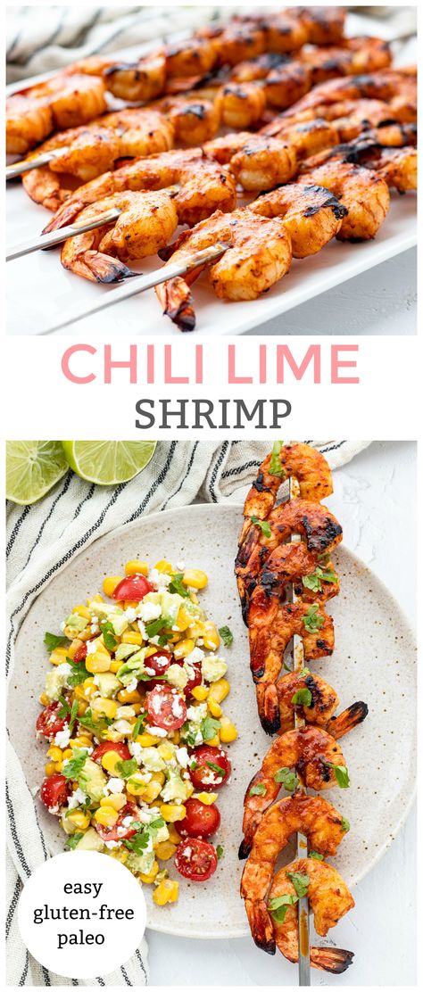 This chili lime shrimp is infused in a smoky and zesty marinade and charred lightly on the grill to produce the tastiest shrimp skewers ever!  Pair it with a cool and refreshing salad or serve along with rice or on tacos! You can’t go wrong with this quick, easy and flavourful shrimp recipe! #shrimpskewers #healthyBBQrecipes #glutenfree #low carb #paleo #keto #shrimprecipes Shrimp Kebobs Skewers, Grilled Shrimp Tacos Marinade, Best Grilled Shrimp Skewers, Easy Shrimp Skewers, Teriyaki Shrimp Skewers, Shrimp And Veggie Skewers, Shrimp On A Skewer, Shrimp Kebabs In The Oven, Asian Grilled Shrimp