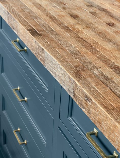 Butcher Block Countertops Blue Cabinets, Blue Cabinets With Butcher Block, Blue Kitchen Countertops, Blue Painted Cabinets, Navy Blue Kitchen Cabinets, Kitchen Butcher Block, Custom Butcher Block, Dark Blue Kitchens, Blue Subway Tile