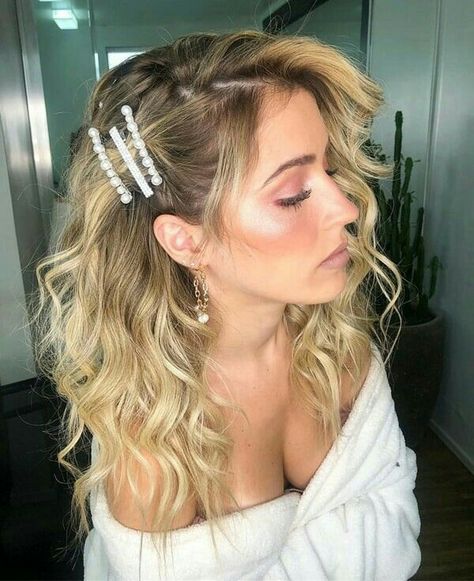 Hair Pinned Back, Bridal Hair Down, Competition Hair, Side Braid Hairstyles, Side Hairstyles, Clip Hairstyles, Penteado Cabelo Curto, Wedding Hair And Makeup, How To Make Hair