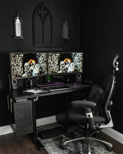 All Posts • Instagram Gothic Desk, Gothic Decor Bedroom, Office Corner, Loft Style Bedroom, Maximalist Design, Desk Inspo, My Laptop, Gaming Room Setup, Bank Holiday Weekend