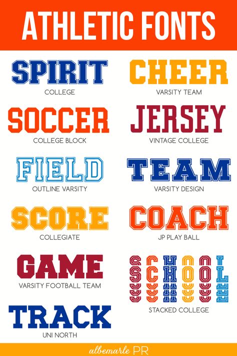 Athletic Fonts for Sports Designs, Varsity Fonts, and College Fonts Free Sports Fonts For Cricut, Sports Fonts For Cricut, Sport Font Design, College Athletics Graphics, College Merch Ideas, School Logo Ideas, School Spirit Ideas, School Spirit Wear Designs, Free Sports Fonts