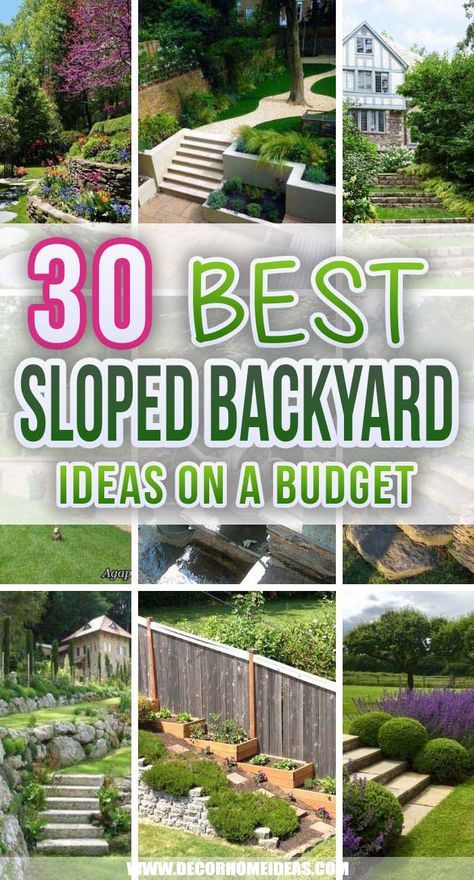 Best Sloped Backyard Ideas On A Budget. Sloped backyards are tricky when it comes to landscaping, but we have selected some really creative sloped backyard ideas on a budget for you to choose from. #decorhomeideas Sloped Backyard Ideas, Steep Backyard, Backyard Hill Landscaping, Backyard Retaining Walls, Sloped Backyard Landscaping, Landscaping A Slope, Landscaping On A Hill, Side Yard Landscaping, Sloped Yard