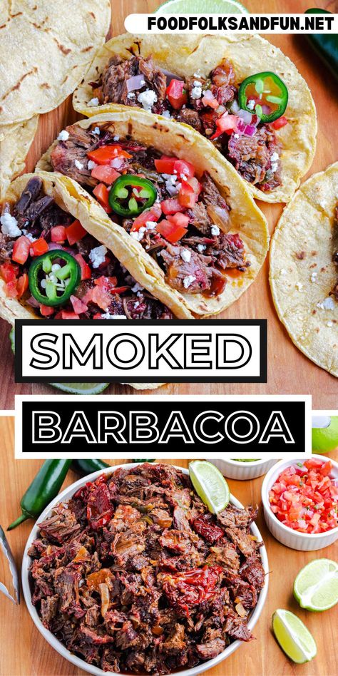 Smoked Steak Tacos, Chuck Steak Tacos Recipes, Smoked Beef Tacos, Smoked Beef Cheeks Recipe, Chuck Roast Smoker Recipe, Smoked Barbacoa Beef, Barbacoa Traeger, Smoked Mexican Food, Smoked Birria Tacos