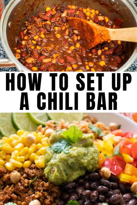 Setting up a chili bar is a creative way to elevate your chili party, turning a simple meal into a fun, interactive experience. Think of it like a chili charcuterie, where you serve a big pot of chili surrounded by an array of delicious toppings like shredded cheese, sour cream, jalapeños, and cornbread. You can even create a chili dinner board with all the toppings beautifully arranged for easy access, letting guests customize their bowls just the way they like. Chili For A Party, Chili Station Party, Serving Chili At A Party, Chilli Bar Party Ideas, Charcuterie Board Chili, Chili Boards For Parties, Food Bar For Parties, Chilli Board Ideas, Chili Halloween Party