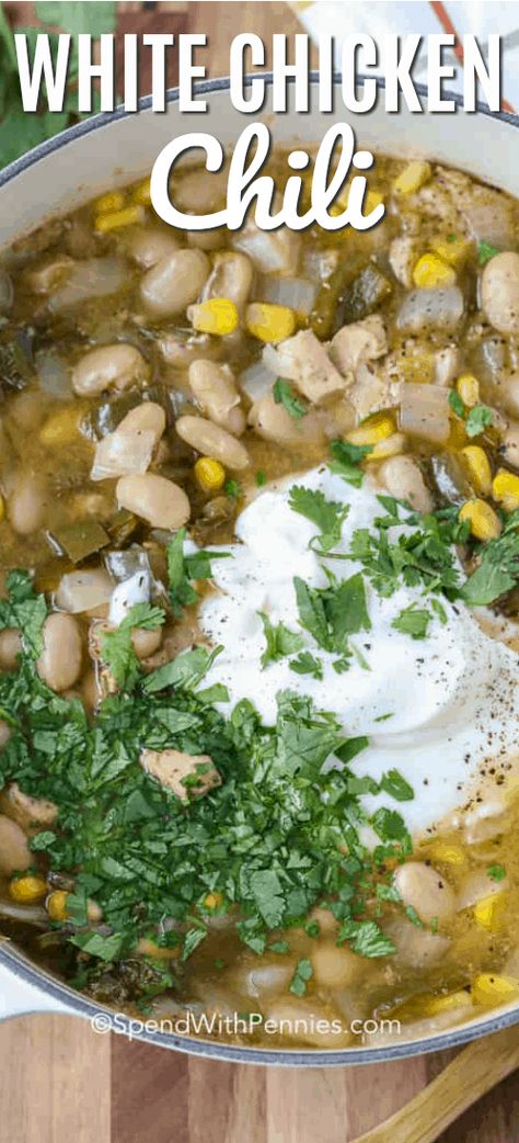 This homemade creamy white chicken chili recipe is a simple, Mexican inspired meal that we love serving on weeknights! #spendwithpennies #chickenchili #whitechickenchili #easywhitechickenchili #whitechickenchilirecipe #creamywhitechickenchili #chili Creamy White Chicken Chili Recipe, White Chicken Chili Recipe, Creamy White Chicken Chili, White Chili Chicken Recipe, Chowder Soup, Spend With Pennies, Chicken Chili Recipe, Tabasco Sauce, White Chicken Chili