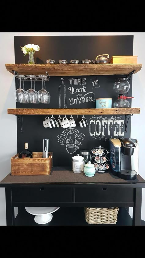 #ExoticJuiceJourneys Koffie Stations, Kaffe Station, Farm Kitchen Ideas, Coffee Bar Ideas Kitchen Counter, Wine And Coffee Bar, Coffee/wine Bar, Coin Café, Coffee Bar Station, Coffee Bar Ideas