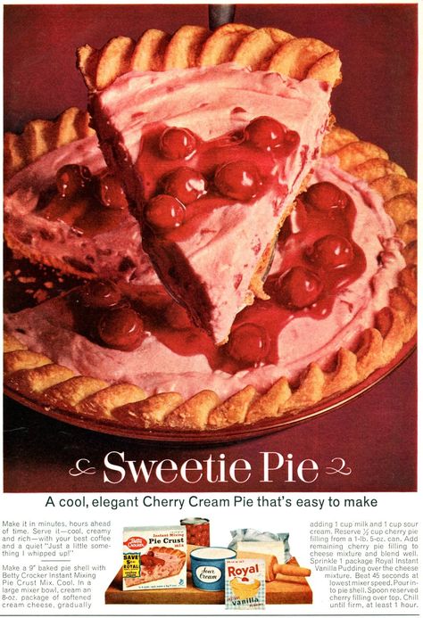 Cherry Cream Pie Recipe, Cherry Cream Pie, Cherry Cheesecake Pie, Vintage Food Posters, Fruit Pies, Baking Packaging, Cherry Filling, Good Pie, Cream Pie Recipes