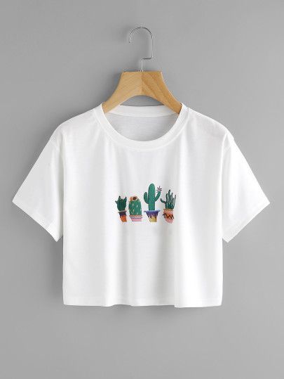 Cactus Print Tee -SheIn(Sheinside) Women 30s, Leanne Barlow, Elle Apparel, Friendly Outfits, Haine Diy, Grunge Look, Fall Clothes, Crop Top Outfits, Cactus Print