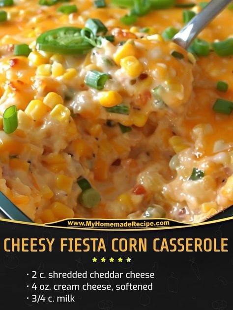 Easy and tasty recipes | CHEESY FIESTA CORN CASSEROLE | Facebook Corn Casserole With Peppers, Corn And Green Chili Casserole, Corn Meal Casseroles, Cheesy Spaghetti Corn Casserole, Cheesy Fiesta Corn Casserole, Mexican Corn Casserole, Mexican Corn, Corn Casserole, Monterey Jack