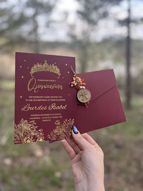 "CONGRATULATIONS!  We are happy to be with you on this special day. 🌸 ♥️ This invitation has a burgundy envelope color. You can decorate the envelope with our floral seal models. Invitation area is of two types; these are \"gold gilding printing on icy acrylic\" and \"gold gilding printing on high quality burgundy cardboard\" A great design is available in the invitation area. ♥️ You can customize this invitation model according to the type of event you want. It is possible to personalize for many activities such as wedding cards, birthday cards, baby showers. For this, it will be enough to contact us! ♥️ Please share your information with me via message. You can send me your invitation information, address, location, date and names via message. I will make a design for you using your inf Burgundy And Gold Quince Invitations, Burgundy Sweet 16 Invitations, Burgundy Quinceanera Invitations, Wine Quinceanera Theme, Burgundy And Gold Invitations, Wine Red Quince, Quince Invitations Ideas, Red Quince Invitations, Burgundy And Gold Quinceanera Theme