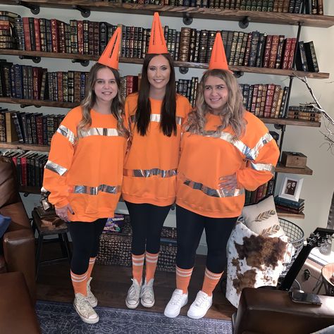 DIY orange traffics cone Diy Cone Costume, Orange Dress Up Costume, Halloween Costumes Traffic Cone, Traffic Come Costumes, Traffic Cones Halloween Costume, Safety Cone Costume, How To Make A Traffic Cone Costume, Orange Party Outfit Ideas, Traffic Cone Costume Diy