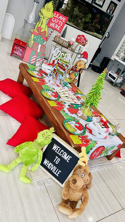 How The Grinch Stole Christmas First Birthday, Christmas Movie Pajama Party, Grinch Christmas Sleepover, Pin The Heart On The Grinch, Grinch School Christmas Party, Grinch Kids Christmas Party, Grinch Themed Christmas Party Decorations, The One Who Stole Christmas Birthday, Grinch Party Ideas For Kids