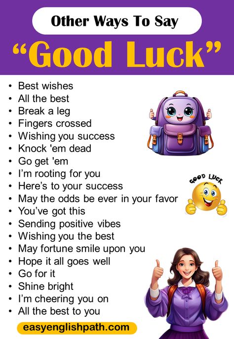 Other Ways to Say "Good Luck" In English. Different ways to say Best of Luck in English Ways To Say Good Luck, Other Ways To Say, Best Of Luck, Broken Leg, English Vocabulary Words Learning, Wish You The Best, Crossed Fingers, English Vocabulary Words, Vocabulary Words