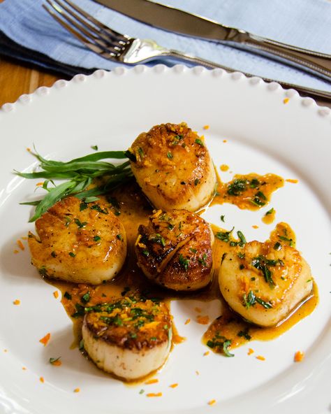 Pan-Seared Scallops with Orange Tarragon Sauce - These pan-seared scallops can make a very generous and elegant meal for 2, or starter course for 3 or 4. They are quick-cooking and you can put the whole dish together in 15 minutes from start to finish.