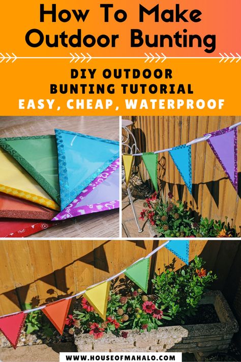 Outdoor Bunting Diy, Diy Bunting Banner Fabric, Diy Outdoor Garland, Garden Bunting Ideas, Easy Bunting, Diy Flag Banner, Jubilee Crafts, No Sew Bunting, Easter Outdoor Decorations