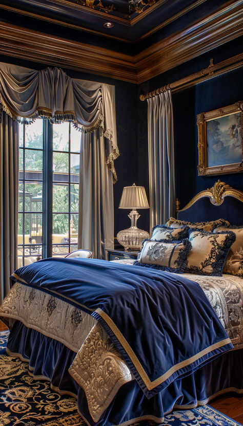 Love the elegant details in this blue and gold room Blue And Gold Room, Blue And Gold Aesthetic, Royal Blue Bedroom, Royal Blue Bedrooms, Blue And Gold Bedroom, Suite Bedroom, Gold Room, Gold Rooms, Big Bedrooms