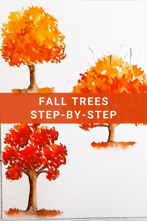 Three Easy Fall Tree In Watercolor. Step By Step Painting Tutorial. How To Paint. Autumn Painting. Tree Painting Easy, Paint Autumn, Watercolor Step By Step, Watercolor For Beginners, Fall Tree Painting, Landscape Steps, Tree Watercolor Painting, Fall Trees, Fall Tree