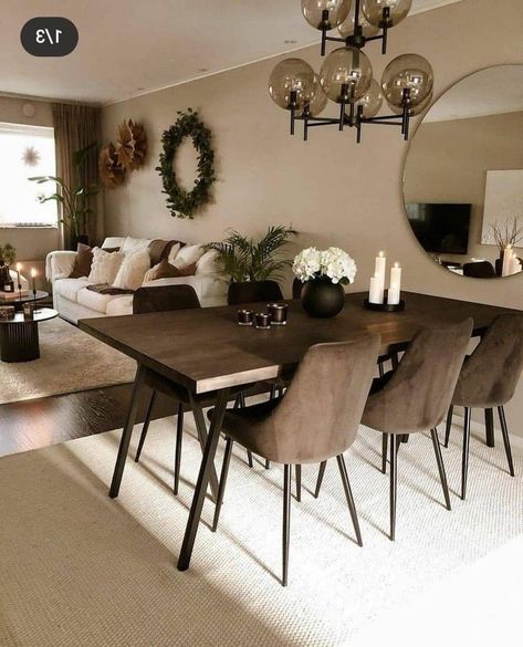 Dark Brown Dining Table, Brown Dining Room, Brown Dining Table, Living Room Dining Room Combo, Classy Bedroom, Dinning Room Design, Beige Living Rooms, Dining Room Combo, Brown Living Room