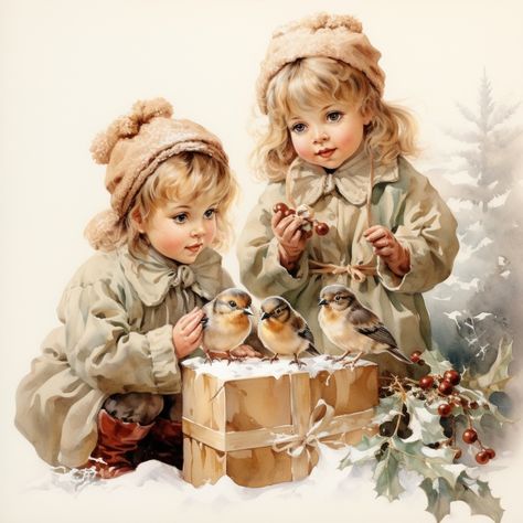 Free image of "Bird And Child Christmas Art" by Circe Denyer Images Noêl Vintages, Rasy Koni, Christmas Decoupage, Illustration Noel, Vintage Christmas Images, Chic Christmas, Foto Vintage, Old Fashioned Christmas, Christmas Drawing