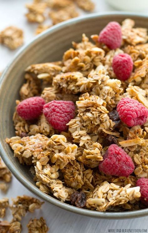 Learn all the secrets to making perfect large-cluster granola with this easy recipe! Perfectly huge and crunchy granola clusters with lots of almond flavor. @WholeHeavenly Granola Clusters, Healthy Granola, Vegan Breakfasts, Homemade Foods, Baked Granola, Clean Snacks, Almond Granola, Creative Snacks, Crunchy Granola